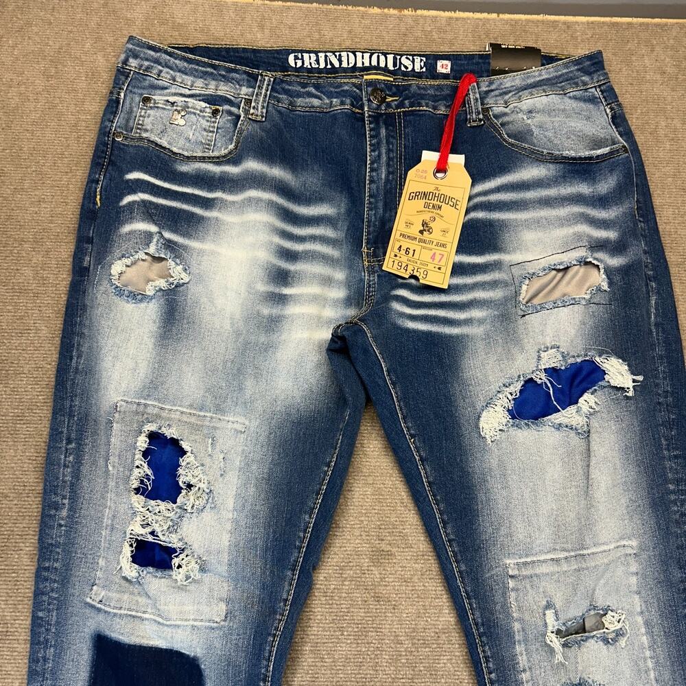 Grindhouse Denim Jeans Men's 42x32 Blue Distressed Patches Whiskers Stretch NEW - Picture 2 of 16